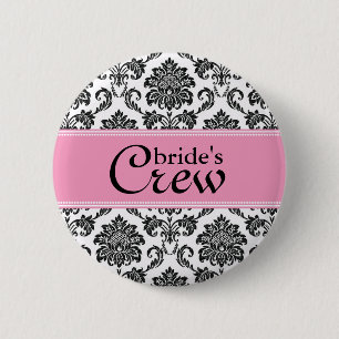 Pink Damask Bride's Crew Button