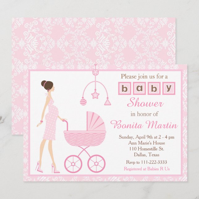 Pink Damask Brunette Expecting Girl Baby Shower Invitation (Front/Back)