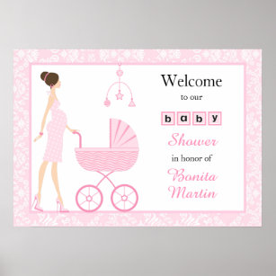 Pink Damask Brunette Girl Baby Shower Poster
