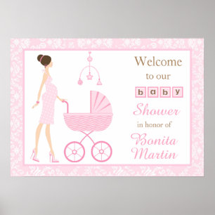 Pink Damask Brunette Woman Baby Shower Poster