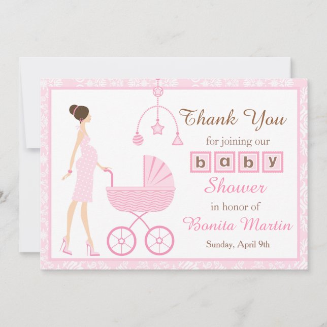 Pink Damask Brunette Woman Baby Shower Thank You Card (Front)