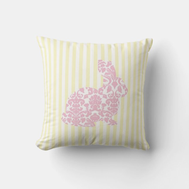Pink Damask Bunny Rabbit on Yellow Stripes Cushion (Front)