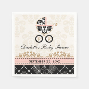 Pink Damask Carriage Baby Shower Napkin