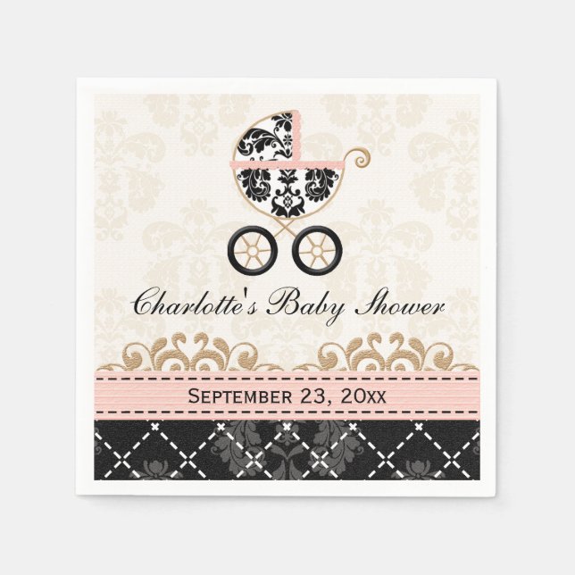 Pink Damask Carriage Baby Shower Napkin (Front)