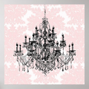 Pink Damask Chandelier Wall Art Print