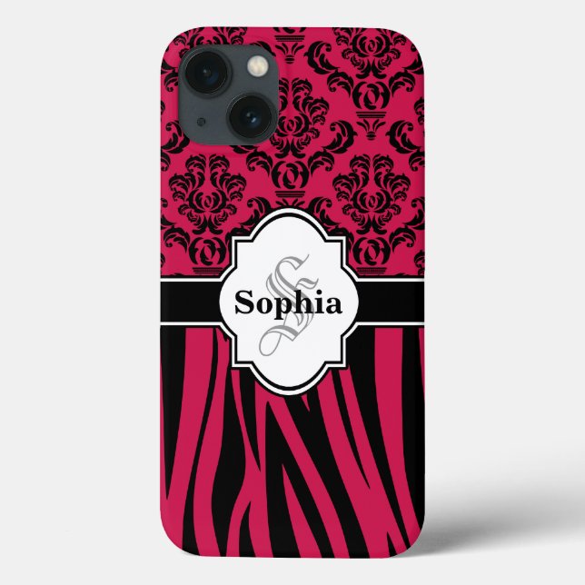 Pink Damask Cool Zebra Stripes iPhone 13 Case (Back)
