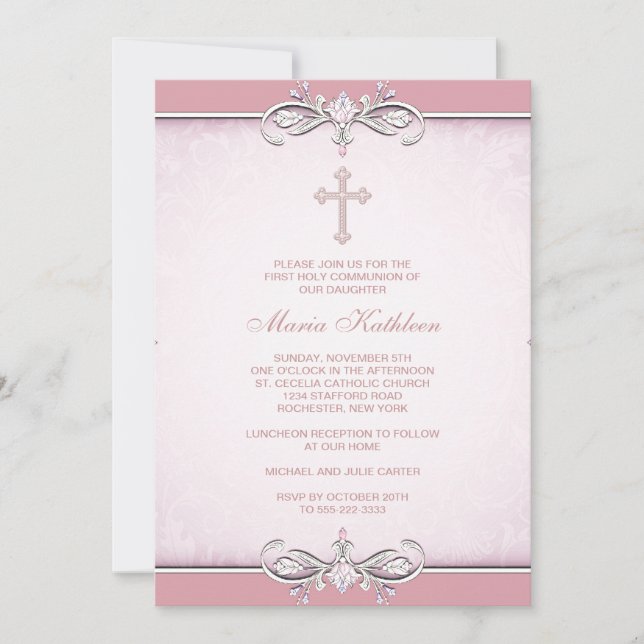 Pink Damask Cross First Communion Invitation (Front)
