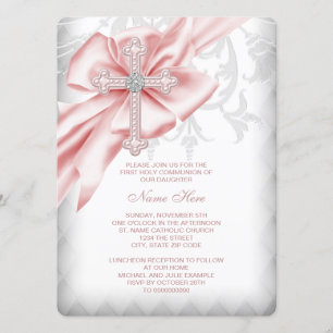 Pink Damask Cross First Communion Invitation