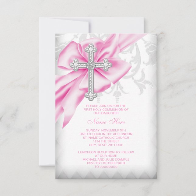 Pink Damask Cross First Communion Invitation (Front)