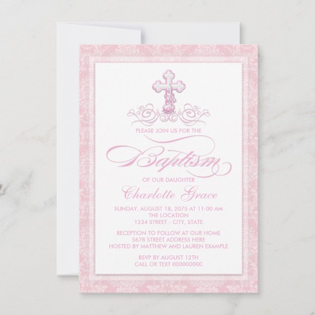Pink Damask Cross Girls Baptism Invitations (Front)
