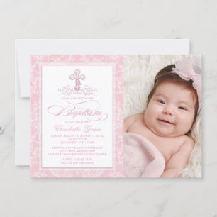 Pink Damask Cross Girls Photo Baptism Invitations