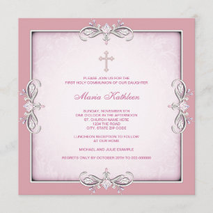 Pink Damask Cross Girls Pink First Communion Invitation