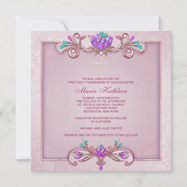 Pink Damask Cross Girls Pink First Communion Invitation (Front)