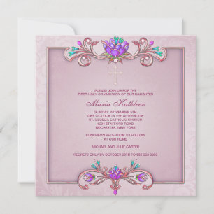 Pink Damask Cross Girls Pink First Communion Invitation