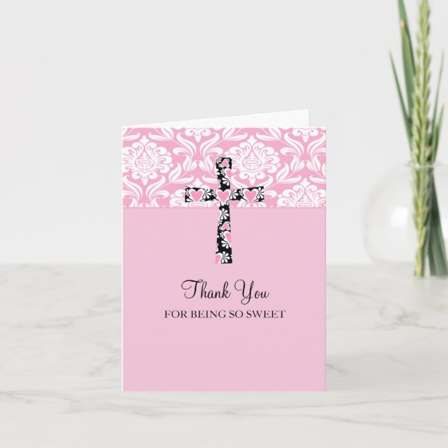 Pink Damask Cross Girl's  Thank You (Front)