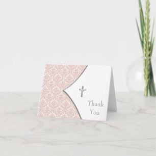 Pink Damask Cross Thank You Cards
