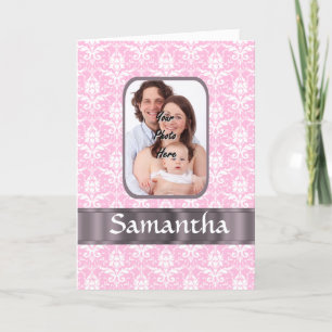 Pink damask custom photo card