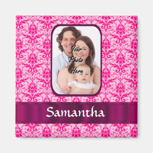 Pink damask custom photo magnet