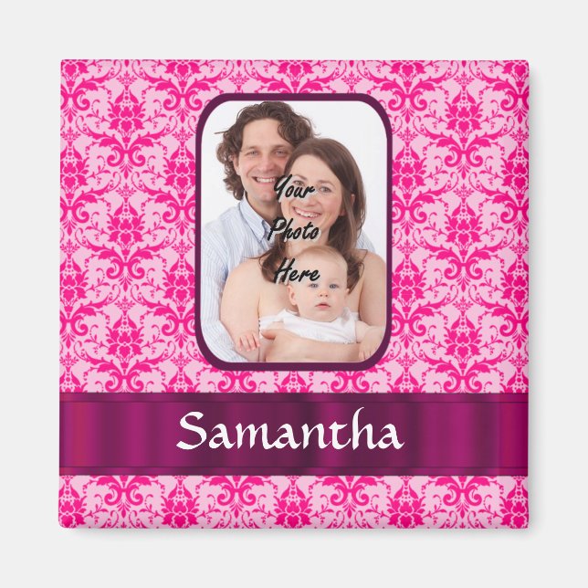 Pink damask custom photo magnet (Front)