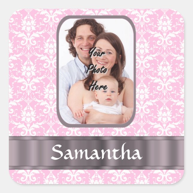 Pink damask custom photo square sticker (Front)