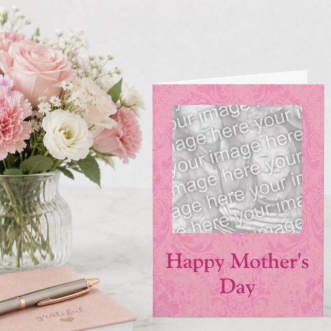 Pink Damask Customisable Photo Card (Creator Uploaded)