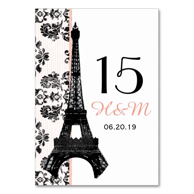 PINK DAMASK EIFFEL TOWER PARISIAN WEDDING TABLE NUMBER (Front)