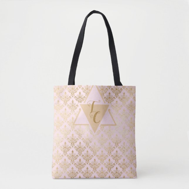 Pink Damask Elegant Monogram Tote Bag (Front)