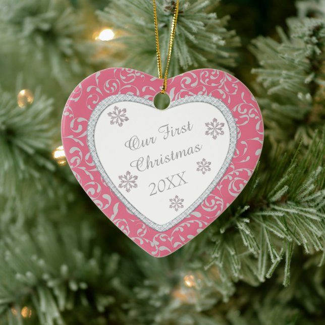 Pink Damask Faux Diamond First Christmas Ceramic Ornament (Tree)