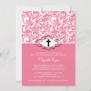 Pink Damask First Communion Inviation Invitation