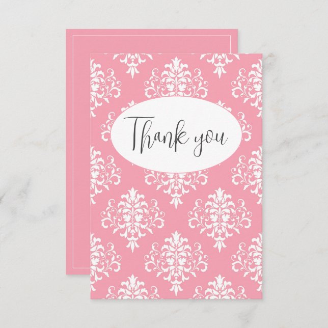 Pink Damask Flat Thank You Card (Front/Back)