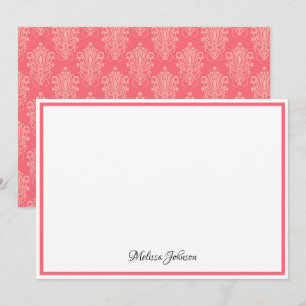 Pink Damask Floral Elegant Girly Monogram Card