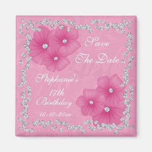 Pink Damask & Flowers 17th Birthday Magnet