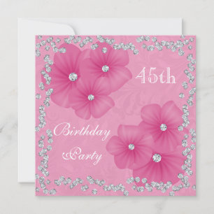 Pink Damask & Flowers 45th Birthday Invitation
