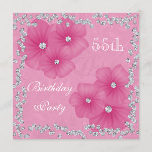 Pink Damask & Flowers 55th Birthday Invitation
