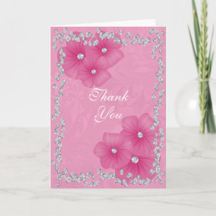 Pink Damask & Flowers Thank You Card