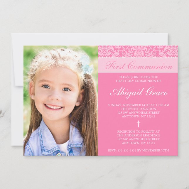 Pink Damask Girl Photo First Communion Invitation (Front)