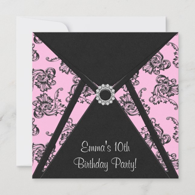 Pink Damask Girls 10th Birthday Party Invitation (Front)