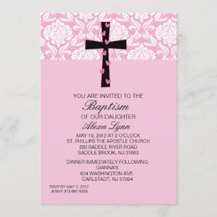 Pink Damask Girls Baptism Invitation