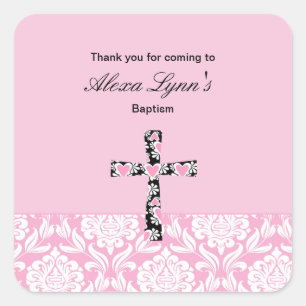 Pink Damask Girls BaptismThank You sticker