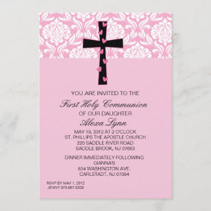 Pink Damask Girls Communion Invitation