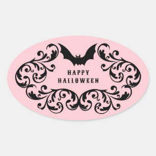 Pink Damask Glam Bats and Spider Happy Halloween Oval Sticker
