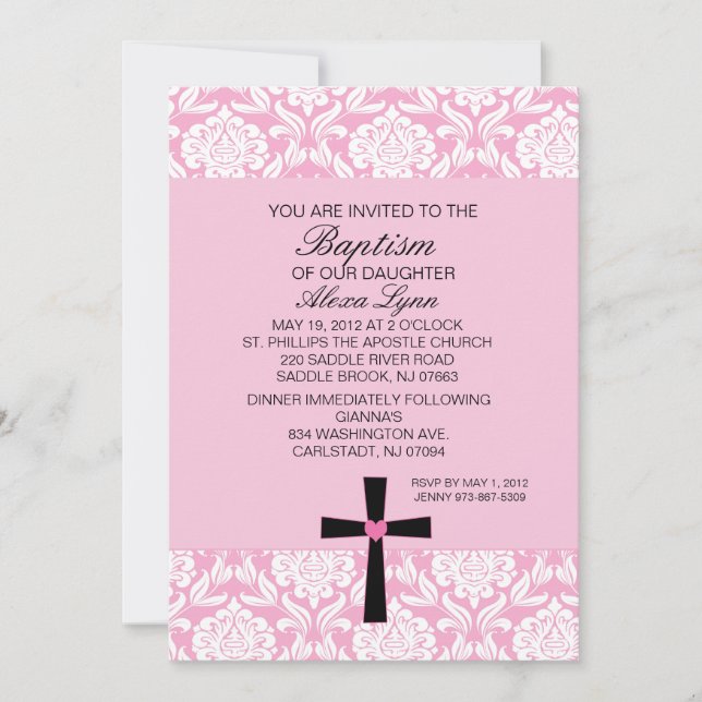 Pink Damask Heart BaptismInvitation Invitation (Front)