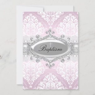 Pink Damask & Jewel Cross Baptism Invitation