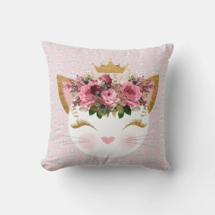 Pink Damask Kitty Throw Pillow