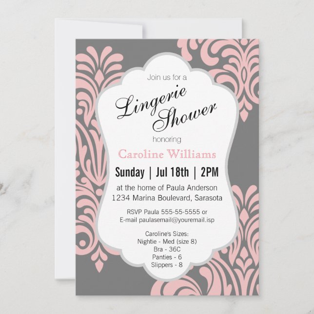 Pink Damask Lingerie Shower Invitation (Front)