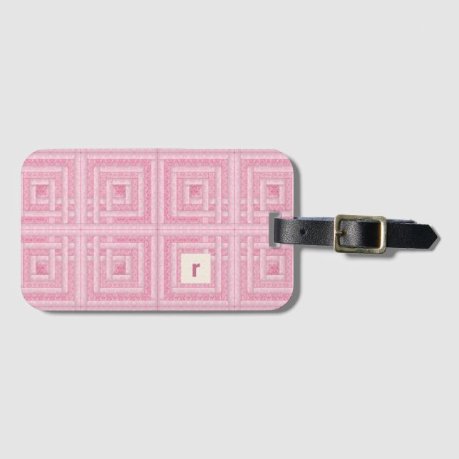 Pink Damask Log Cabin Quilt Pattern Luggage Tag (Front Horizontal)