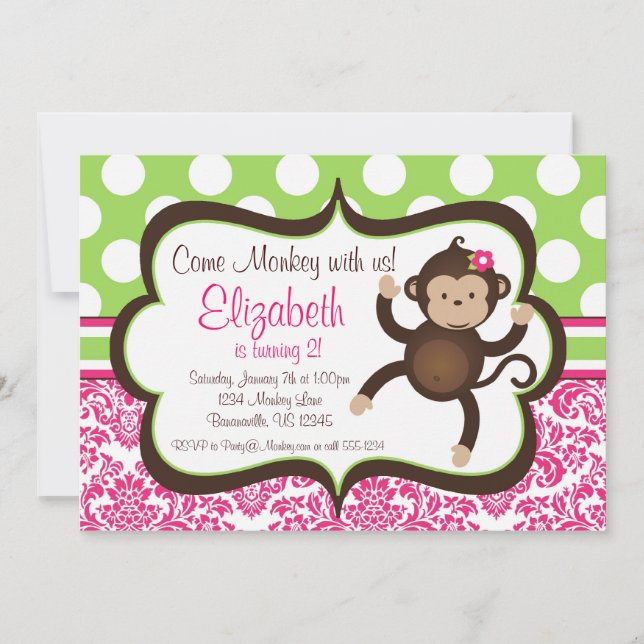 Pink Damask Mod Monkey Girl Birthday Party Invite (Front)
