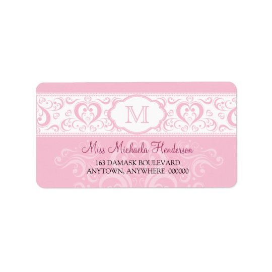 Pink Damask Monogram Address Label