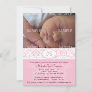 Pink Damask Monogram Baptism/Christening Invitation