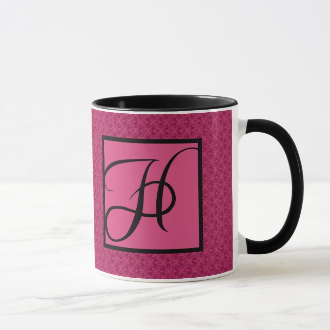 Pink Damask Monogram H Mug (Right)